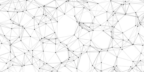 Abstract network of interconnected black lines and dots forming a complex geometric mesh on a clean white background representing data structures and digital connections