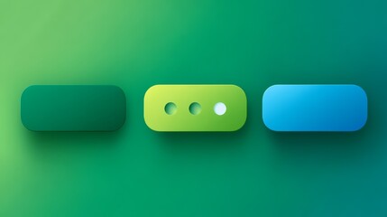 Vibrant trio of colorful buttons on smooth green surface providing visual appeal for user interface design and interactive elements.