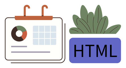 Calendar with bar and pie charts, HTML tag near a green plant. Ideal for coding, web design, online planning, teamwork, analytics, user interface development. Simple flat metaphor