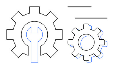 Wall Mural - Two gears and wrench outline representing repair and maintenance. Ideal for engineering, process improvement, technical solutions, mechanical work, teamwork, system optimization, simple flat metaphor