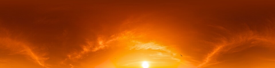 Wall Mural - 360 panorama of glowing sunset sky with bright pink Cirrus clouds. HDR 360 seamless spherical panorama. Full zenith or sky dome sky replacement for aerial drone panoramas. Climate and weather change.