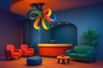 Wall Mural - Colorful modern reception area with abstract light fixture and playful furniture, set against a vibrant background with artistic mood lighting. Ai generative