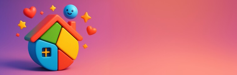 Wall Mural - Colorful toy house with smiley face and hearts on vibrant gradient background with empty space for banner, poster or advertising template. Ai generative