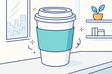 Wall Mural - Coffee cup mockup with turquoise sleeve in minimal interior setting for branding or design presentation on clean bright background. Ai generative
