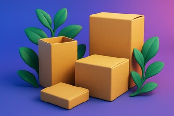 Wall Mural - Cardboard box mockup set with green leaves on colorful gradient background for eco packaging branding and presentation concept. Ai generative