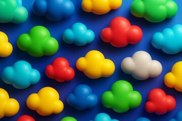 Wall Mural - Colorful toy-like clouds arranged on a vibrant blue background creating a cheerful and abstract visual pattern with playful light effects. Ai generative