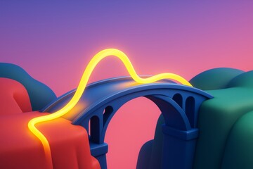 Wall Mural - Glowing yellow wave crossing stylized blue bridge between colorful hills with smooth gradient background at sunset, symbolizing connection concept. Ai generative