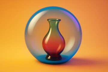 Wall Mural - Colorful glass vase enclosed in translucent bubble on orange background with soft lighting and surreal abstract concept illustration style. Ai generative