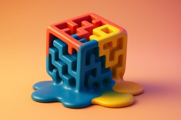 Wall Mural - Abstract colorful melting cube with maze-like structure representing surreal creativity and fluid transformation on gradient background. Ai generative