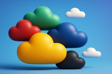 Wall Mural - Colorful abstract clouds floating on blue background symbolizing digital storage and data network concept in modern minimalistic style. Ai generative