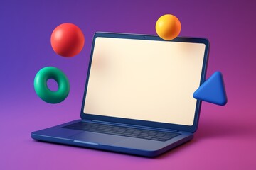 Wall Mural - Blank laptop display with floating colorful 3D shapes on gradient background for modern branding and creative presentation mockup concept. Ai generative