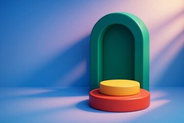 Wall Mural - Colorful geometric podium with green arch and circular platforms on minimalist blue background with soft light shadows. Ai generative. Ai generative