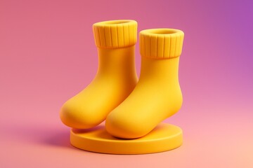 Wall Mural - Yellow sock-shaped display mockup on circular base with soft texture and ribbed tops, isolated on pink to purple gradient background. Ai generative