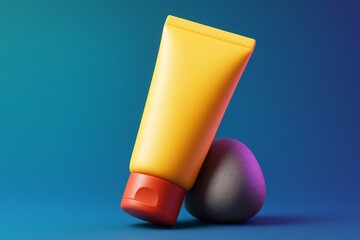Wall Mural - Yellow cosmetic tube mockup with red cap leaning on smooth stone on clean gradient background for product branding presentation concept. Ai generative