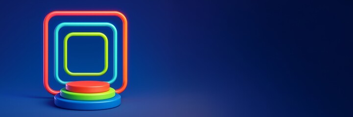 Wall Mural - Colorful neon geometric shapes and podium on dark blue background with empty copyspace for modern product display or creative design template. Ai generative