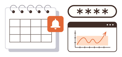 Wall Mural - Calendar with bell, password security, web browser panel showing growth chart. Ideal for productivity, planning, security, data analysis, business teamwork scheduling. Simple flat metaphor