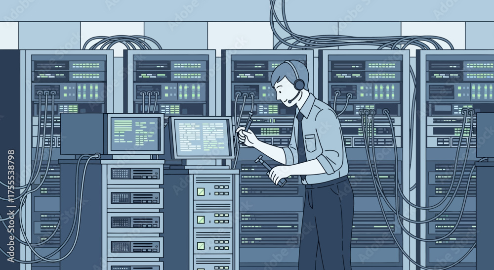 System administrator managing servers in a data center environment with ...