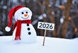 © ILIUSIA - Cheerful snowman adorned with a red scarf and Santa hat joyfully greets the new year 2026 standing amidst a snowy winter background symbolizing holiday festive spirit