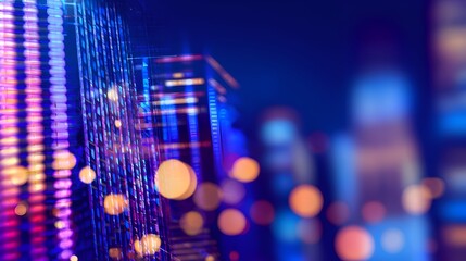 Wall Mural - Vibrant city skyline at night with illuminated buildings and colorful bokeh lights in the background