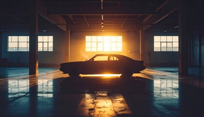 Wall Mural - Silhouette of a classic car against a glowing sunset in an industrial warehouse setting