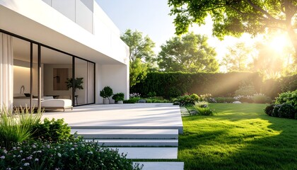 Wall Mural - Modern home exterior with spacious patio, lush garden, and sunlight filtering through trees