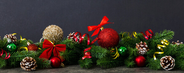 Wall Mural - New Year Christmas tree toy, branches of a christmas tree, New Year decorations on a colored background