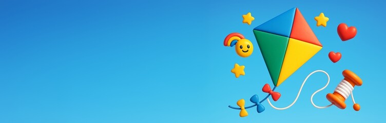 Wall Mural - Colorful kite with smiling emoji, hearts, stars and rainbow on blue sky background with empty space for design, banner, or poster template. Ai generative