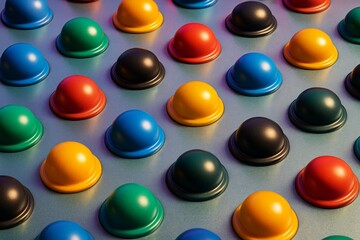 Wall Mural - Colorful dome-shaped buttons arranged in geometric pattern with dramatic lighting on metallic background for abstract concept and playful design theme. Ai generative