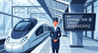 © risa - Modern Train Station Scene with Conductor and High-Speed Train Arrival Information