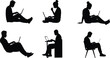 © Parimal - Silhouette illustration of people working on laptops in different sitting positions, remote work and study concept, black and white vector drawing art