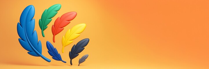 Wall Mural - Colorful stylized feathers floating on orange gradient background with empty copyspace for creative design, poster, banner, or promotion template. Ai generative