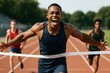 © Who is Danny - Triumphant male sprinter crossing the finish line with emotion on outdoor track during sunny competition, captured in dynamic sport action moment. Ai generative