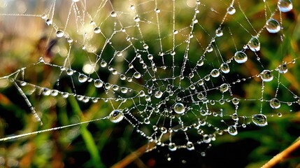 radial. Dew drops in a circular pattern along delicate spider web threads. wildlife magazines, conservation campaigns, designed for wildlife conservation campaigns, supports conservation.