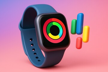 Wall Mural - Futuristic smartwatch with colorful activity display and 3D pill icons on vibrant gradient background representing modern health technology concept. Ai generative