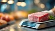 © Oulaphone - Meat weighing process butcher shop closeup of digital scale display culinary environment professional perspective accurate measurement