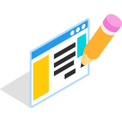 Isometric website design with a yellow pencil writing on screen blue browser window with white background and black shadow
