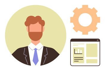 Wall Mural - Male professional in a suit and tie, orange gear suggesting process automation, and software dashboard for analytics. Ideal for management, teamwork, innovation, data analysis, technology