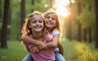 © yuan - Outdoor, piggyback and sister with smile, child and bonding in nature, thinking and happy in forest. Love, girls and fun in woods, carrying and teenager with care for kid, siblings and contemplating