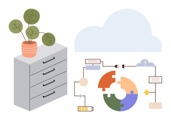 Cabinet with potted plant beside a cloud-connected process diagram featuring puzzle pieces, charts, and flow structures. Ideal for organization, teamwork, workflow, integration, storage, planning