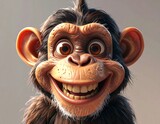 Cartoonish chimpanzee close-up with exaggerated features, a wide grin, and big, expressive eyes on a blurred background