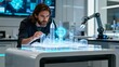 © w - Man analyzing a futuristic city model with holographic displays in a high-tech laboratory setting