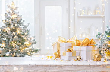 Wall Mural - Christmas counter interior background with New Year white gift boxes and holiday decoration