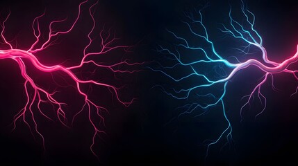 Wall Mural - The image displays two opposing branches of electrical energy, one vibrant pink and the other cool blue, set against a stark black background, creating a visually striking contrast.