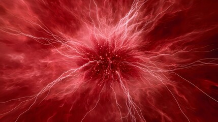 Wall Mural - The photo features an abstract burst of bright white or light pink energy emanating from a central point with a dense red background and wispy lightning-like tendrils.