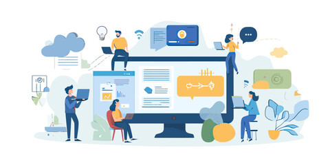 remote team coding software development and cloud computing collaboration on large desktop computer 
