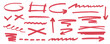 © AlyxArt - Collection of red marker lines for underlining and highlighting text. Hand drawn texture scribble pen stroke. Curved doodles for design sketch, banner, collage and note.