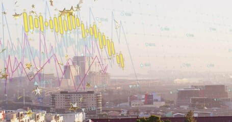 Wall Mural - Displaying translucent overlay with candlesticks line graphs over urban skyline, with times symbols