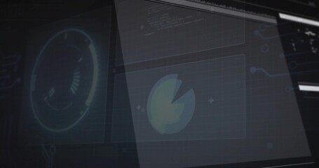 Wall Mural - Displaying circular gauge on angled screens in control room, pie-chart, code overlay, copy space