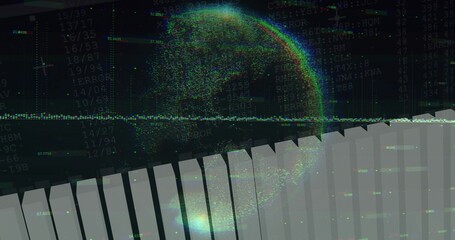 Wall Mural - Displaying central point-cloud globe on interface with numeric overlay, waveform, bar chart