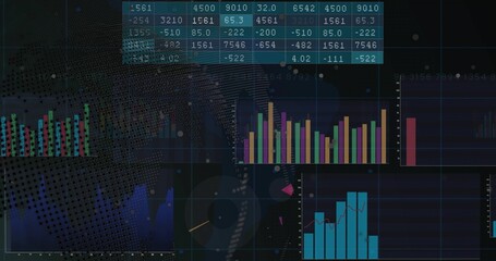 Wall Mural - Displaying data dashboard on screen, with numeric table, bars, grid lines, gauge and globe overlay